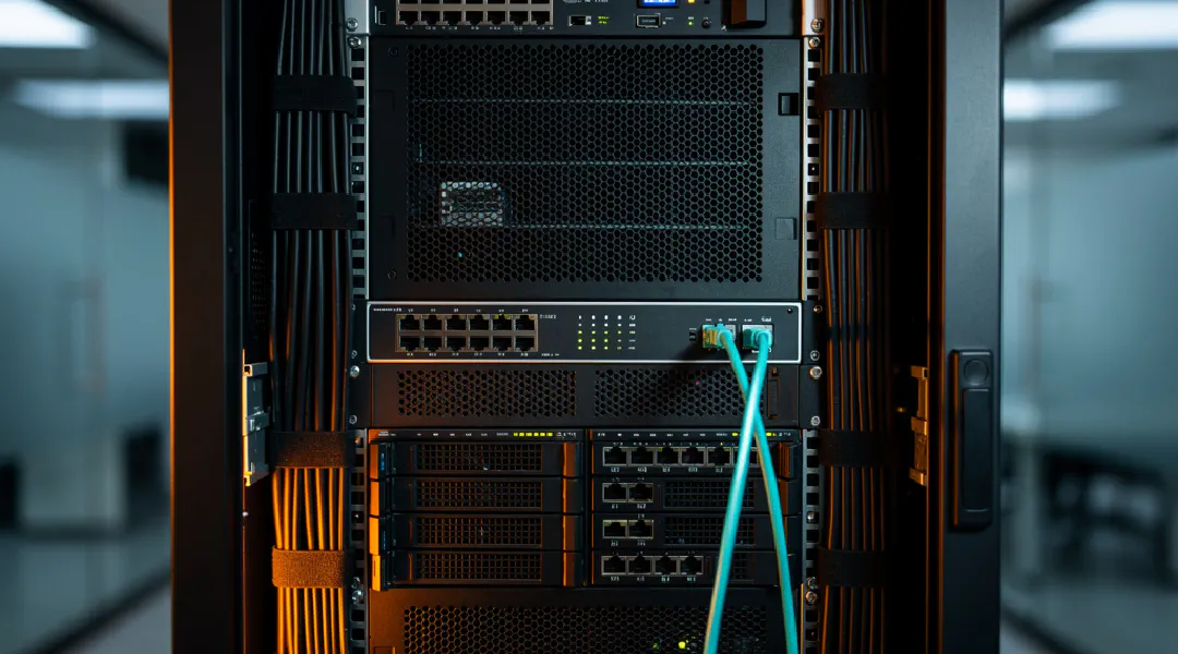 Een netjes ingerichte serverkast met een oplichtende binnenkomende kabel