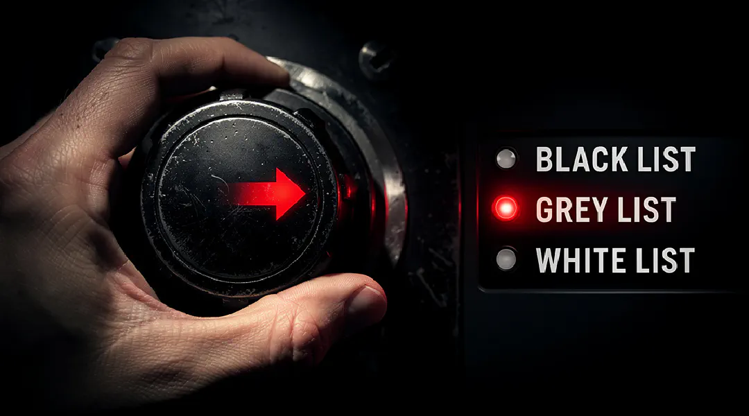 Een hand draait aan een knop met de standen black list, grey list en white list
