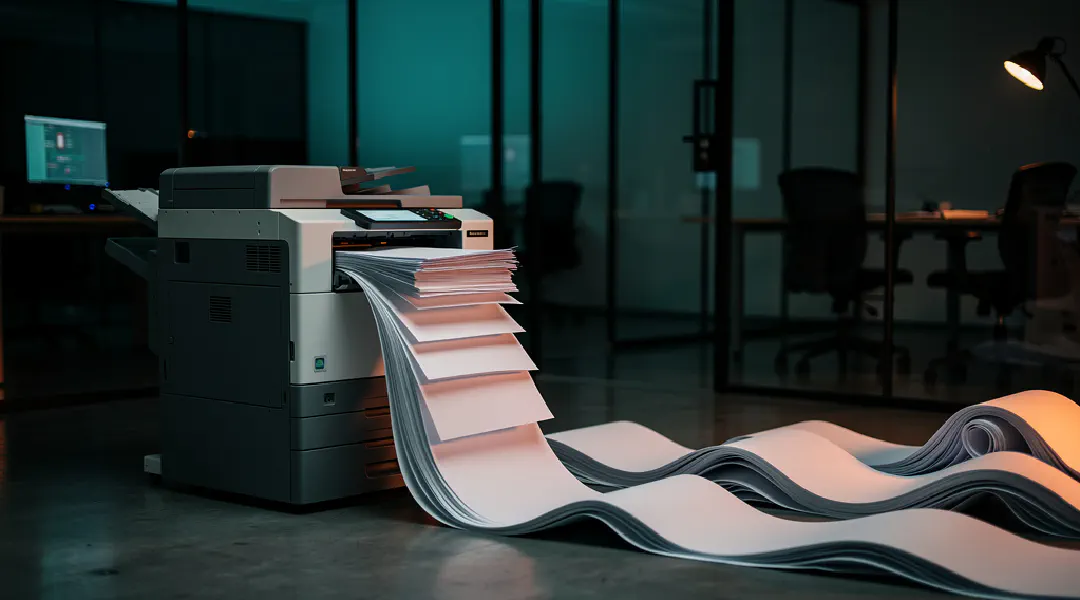 Een printer die 's nachts eindeloos papier uitspuugt in een leeg kantoor