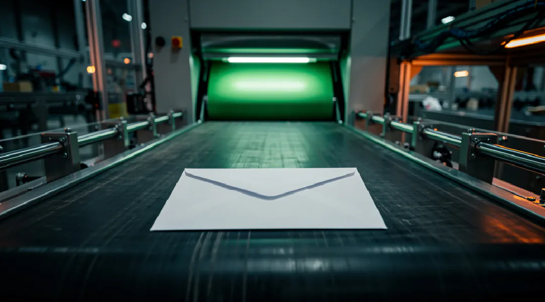 Een envelop op een sorteerband in een sorteercentrum