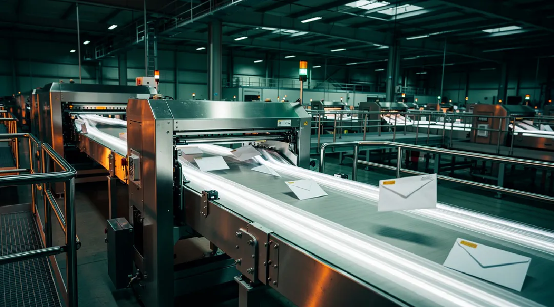 Een snelle sorteermachine vol bewegende enveloppen