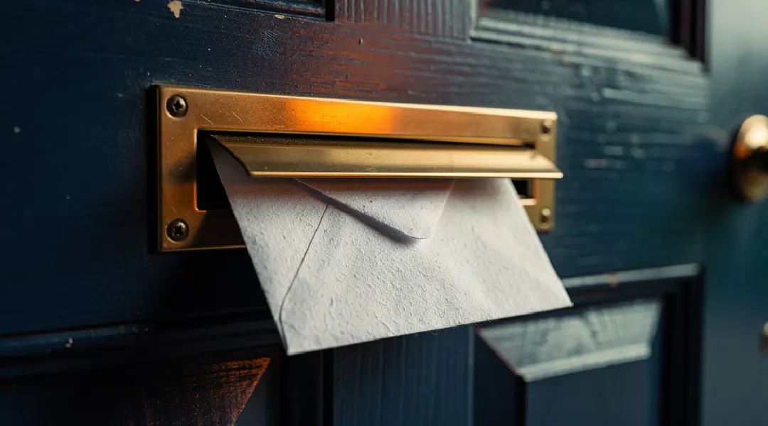 Een envelop die halverwege een brievenbus klem zit