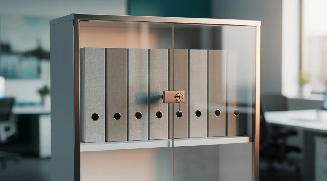 Gesloten mappen in een afgesloten glazen archiefkast